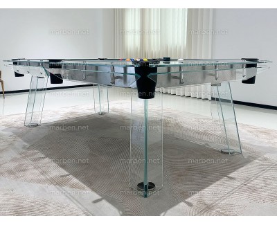 MESA DE BILLAR LUXURY GLASS1,  DE CRISTAL TEMPLADO ESTRUCTURA DE ACERO INOXIDABLE, 7FT ó 8FT